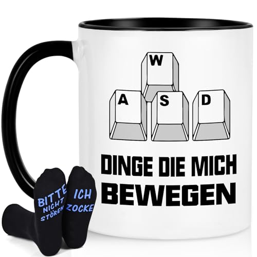 Joymaking Kaffeetasse mit Spruch Dinge die mich bewegen für Gamer Zocker, Geschenke für Gamer Computerspieler Zocker Geschenk mit lustigen Socken Für Jungs, Schwarz 320ml