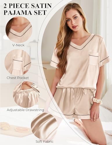 Image of Silk Pajamas for Women Short Sleeve Satin 2 Piece Pj Set Soft V Neck Sleepwear Loungewear, S-XXL