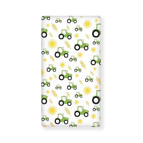 QINBEIDU Green Tractor Farm Fitted Crib Sheet Yellow Sun and Rice Crops Standard Crib Mattress Fitted Sheet Baby Toddler Bed Mattress Sheets for Boys Girls 28