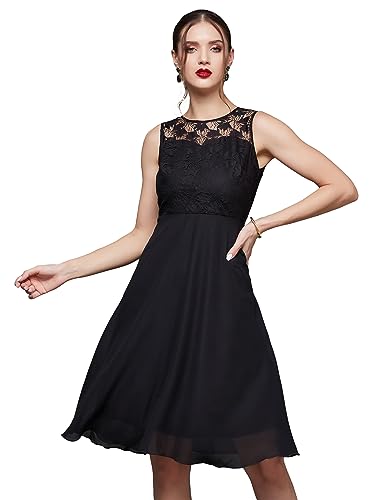 Image of Miss Chase Women's Black Round Neck Sleeveless Solid Mini Lace Skater Dress
