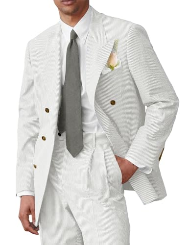 Seersucker Slim Suits for Men Casual Summer Beach Wedding Grooms 2 Piece Blazer Pants Party Striped Suit Sets