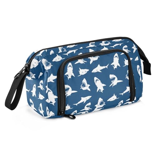 Image of Sharks Blue Print Pencil Case Pouch Big Capacity Pencil Bag Box Organizer Pen Case with Compartmens Stationery Organizer for Girls Boys Women School College Office