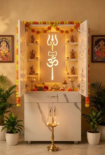 Image of White Marble Finish Mandir for Home with LED Light | OM Trishul Design | Large Size 130 x 60 x 34 cm | Modern Wooden Temple with Storage