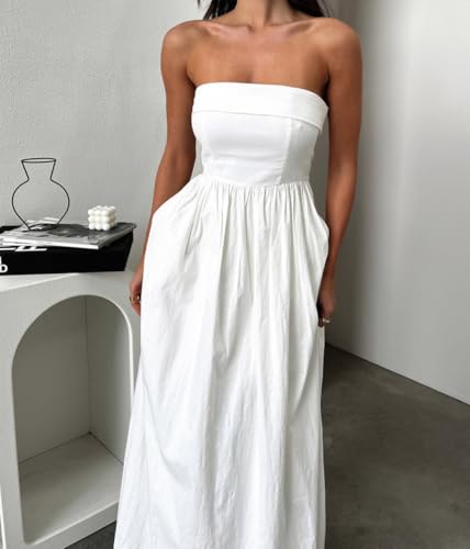 Image of Women Summer Strapless Maxi Tube Dress 2024 Trendy Solid Pleated Flowy Dress Wedding Guest Maxi Dresses Party Club
