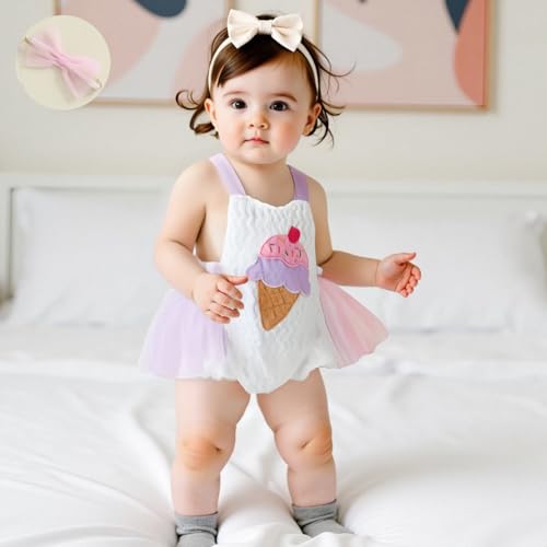 Newborn Baby Girl Romper Tutu Dress Ice Cream Embroidered Sleeveless Halter Tulle Dress Headband2