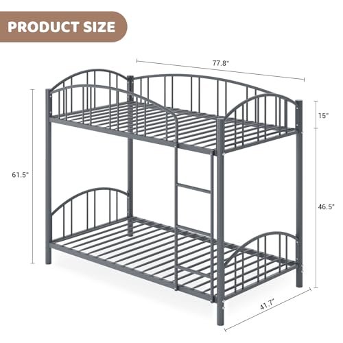 Garvee Bunk Bed Twin Over Twin with Ladder and Arched Guardrail, Heavy Duty Bunkbeds Frame with Sturdy Steel Slats Support for Kids Boys Girls, Space-Saving, No Box Spring Needed, Gray
