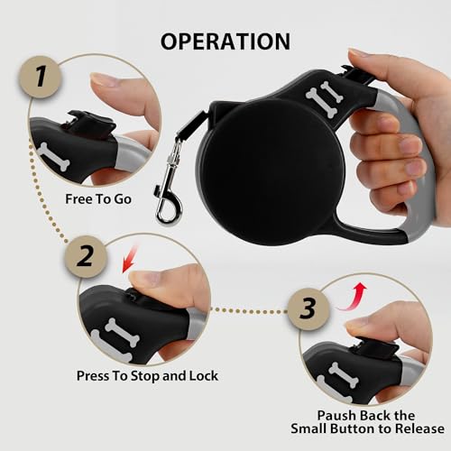 AIITLE Einziehbare Hundeleine 5 m für kleine Rassen, reflektierendes Sicherheitsband, Quick-Lock-Bremssystem, Rutschfester Griff – leicht und tragbar für Reisen, Training, Nachtspaziergänge, Schwarz