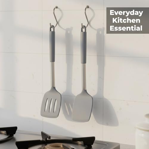 Image of Signamio Silicone Spatula and Turner Set of 2 with Steel Handle - Non-Stick Pan Compatible for Cooking, Baking, and More - Durable for Kitchen Use-Grey