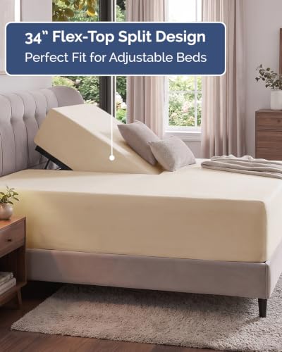 Image of Extra Deep Flex Top Split Head King Fitted Sheet - Hotel Luxury Single Fitted Sheet Only - Easily Fits 18 inch to 24 inch Mattress - Ultra Soft, Wrinkle Free w /Extra Deep Pockets - Wheat