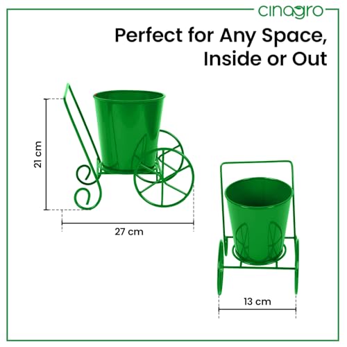 Image of CINAGRO Metal Wagon Planter, Green Pram Rickshaw-Shaped Metal Plant Stand for Indoor & Outdoor Use, 2 Wheel Pot Stand, Flower Vase, Decorative Iron Pot Holder for Flowers & Ornaments, 27 x 13 x 21 cm