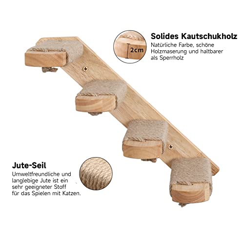 Fukumaru Kletterwand für Katzen, Katzentreppe Wand, Wandliege aus Massives Gummiholz, mit Juteseil für kratzen von Rechts nach Links, für Katzen bis 15 kg mit Juteseil zum Spielen