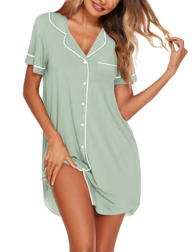 Image of Ekouaer Nightgowns for Women Bamboo Viscose Sleep Shirts Button Down Night Shirt Short Sleeve Boyfriend Pajama Dress