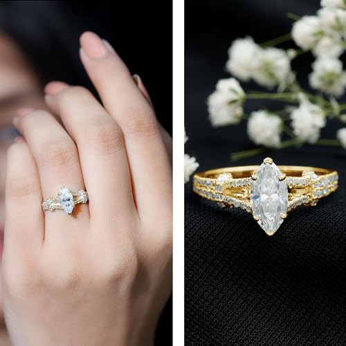 Certified 5X10 mm Moissanite Designer Engagement Ring, D-Vs1 Quality, Moissanite 1 Carat Ring in Yellow Gold Plated Silver2