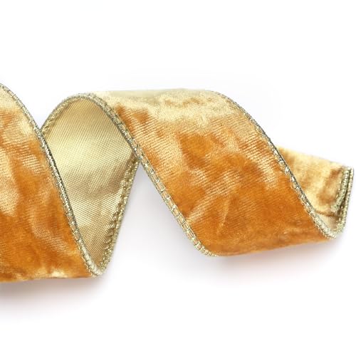 Image of Ribbli Gold Velvet Wired Ribbon 1.5 Inch Metallic Gold Crushed Velvet Christmas Ribbon for Gift Wrapping Christmas Tree Decoration Crafts Wreaths Supplies-Continuous 10 Yards