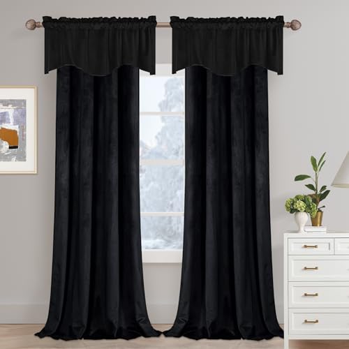 JIUZHEN Scalloped Velvet Valance for Kitchen - Rod Pocket Short Room Darkening Thermal Curtains for Small Window Living Room Bedroom Bathroom, 52 x 18 Inch Length,Black,1 Panel by JIUZHEN - Image 5