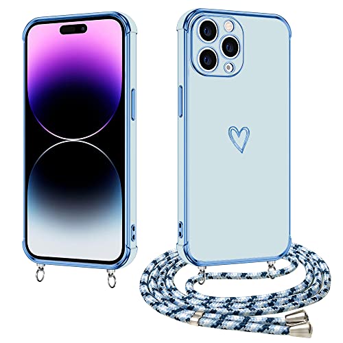 E-Lush Handyhülle für iPhone 12 Hülle mit Band, Handy Hülle für iPhone 12 mit Kette Schutzhülle Herz Love Muster Galvanik Silikon Stossfest Case mit Kordel zum Umhängen Kameraschutz Cover