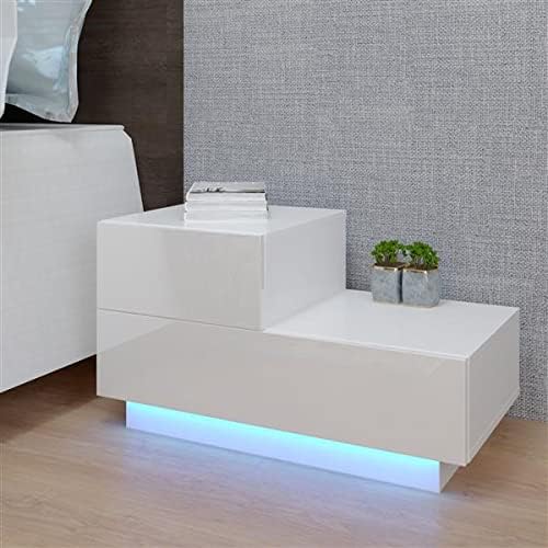 70 x 35 x 38CM Modern Bedside Table Side Bed Table for Bedrooms RGB Led Lights Nightstand with 2 Drawer, Side End Table Sofa Couch for Bedroom, Living Room, Accent Table, White