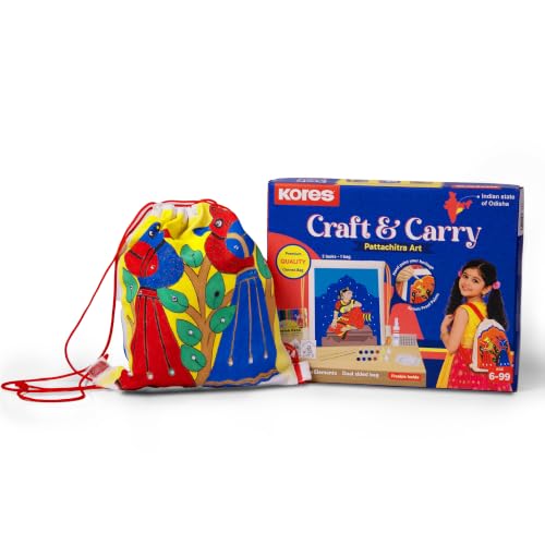 Image of Kores Craft & Carry Pattachitra Art Kit for Kids | DIY Indian Art Canvas Bag Painting Kit | Dual-Sided Drawstring Bag | Acrylic Colours, Sketch Pens, Fabric Glue, Beads, Brushes & Manual | Age 6-99