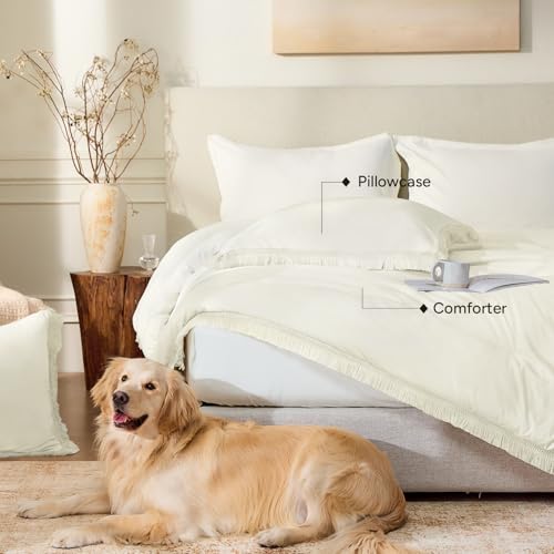 Image of Andency Oversized King Size Comforter Set Ivory 128x120, 3 Pieces Boho Soft Lightweight Bedding Comforter Sets, Tassel All Season Bed Set (1 Comforter & 2 Pillowcases)