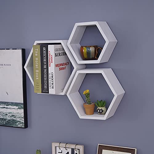 Rustic Hexagon Floating Shelves Set Of 3 Wooden Farmhouse Storage Honeycomb Shelves Wall Mounted Geometric Hexagon Shelf Screws Anchors Included For Bedroom Living Room Bathroom Home Wall Decor, White #TOP5