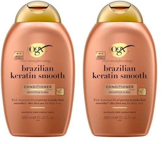 OGX Ever Straightening + Brazilian Keratin Smooth Conditioner (385 ml), acondicionador alisador con aceite de coco y proteínas de keratina, tensioactivos sin sulfatos, para pelo grueso (Paquete de 2)