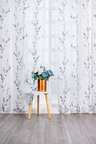Image of (5 Ft Embroidered Tissue Curtain | Leaf Plant Design Grommet Curtains Window Curtain |Vintage Classical Floral Print | For Home | Grey & White (Pack Of 2) | 152 L X 121 W Centimeters