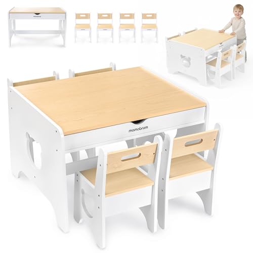 mamabrum Ensemble Table Enfant avec 4 Chaises et 2 Tiroirs, Table en Bois Blanche avec Motif Ours...
