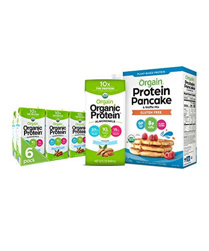 Orgain Bundle - Protein Pancake & Waffle Mix, Gluten Free and Unsweetened Vanilla Almond Milk (6 Pack) - Vegan, Non-GMO