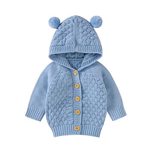 Hadetoto Unisex Baby Knit Hoody Sweater Jacket Girls Boys Long Sleeve Cardigan with Bear Ears Ears (Light Blue, 18-24 Months)