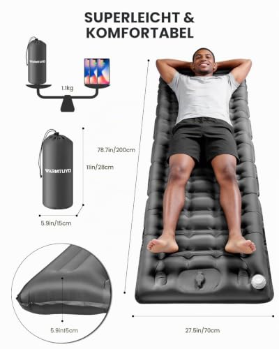 WARMTUYO Isomatte, Luftmatratze Camping mit Elektrisch Pumpe, 12CM Dicke Matratze Outdoor Aufblasbar, Schlafmatte Ultraleicht, Fuer Zelt… – Ansicht 5