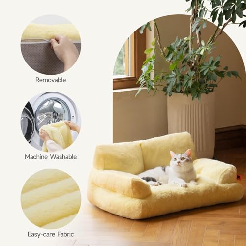 MEWOOFUN groß Katzenbett kleines Hundesofa Flauschig und waschbar Katzensofa Hundebett für Katzen, weich Katzenbett katzencouch mit Rutschfester Unterseite, Gelb 66x48cm