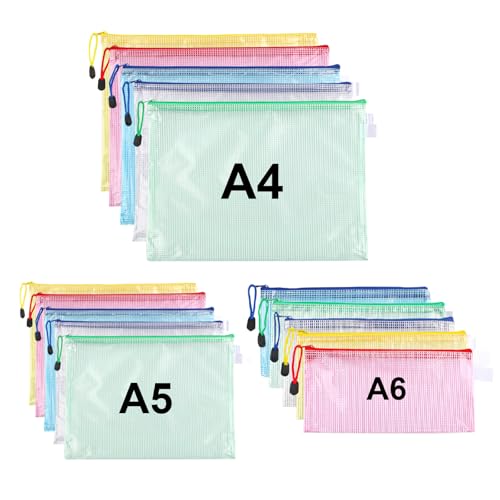 15 Stück Dokumententasche A4+A5+A6 Reißverschlusstasche Wasserdichte Mesh Dokumententaschen Reißverschlussbeutel für Bürobedarf Schulmaterial Dokumente Case Papier Quittungen Kosmetika 5 Farben
