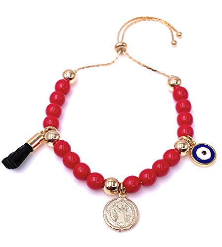 LESLIE BOULES Saint Benedict Red Glass Beads Bracelet Genuine Azabache and Blue Evil Eye Handmade Jewelry