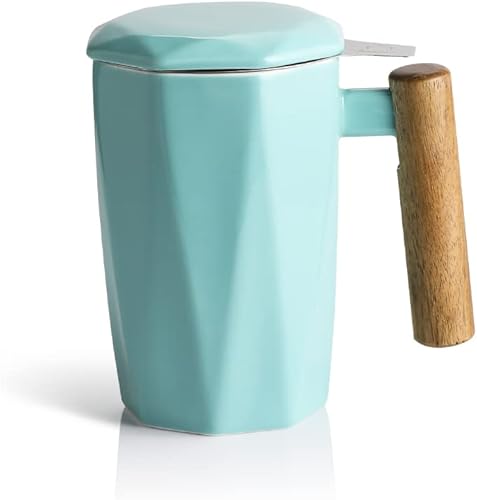 Sweejar Taza de té de porcelana con infusor y tapa, mango de madera, 17 onzas, taza de té de forma geométrica para remojar, amante del té, regalo, Sweejar Taza de té de porcelana con infusor y tapa, mango de madera, 17 onzas, taza de té de forma geométrica para remojar, amante del té, regalo,