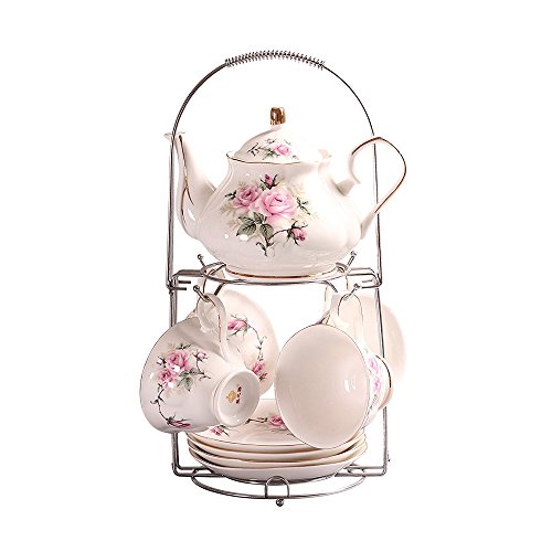 ufengke 9 Piece European Ceramic Tea Set, Bone China Tea Service Coffee Set with Metal Holder, for Wedding and Gift, Pink Camellia Painting
