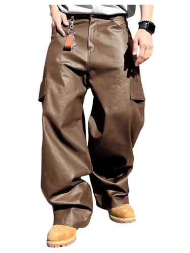 BEAUDRM Men's Faux Leather Cargo Pants Y2K Wide Leg Baggy Trousers Straight Leg Leather Pants with Pockets Streetwear Brown Small