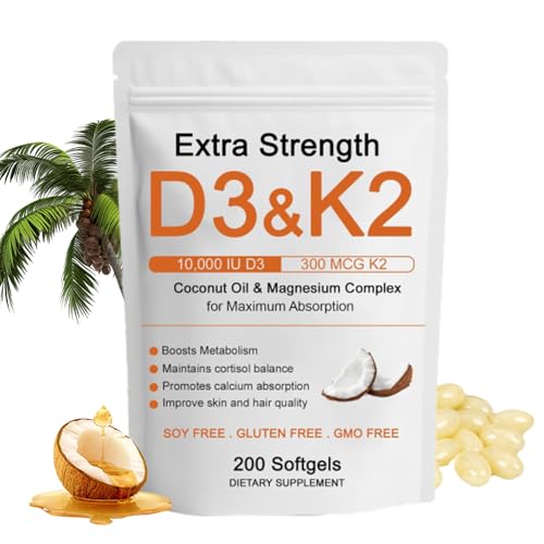 Hlonns D3 K2 Vitamin 10000 IU Extra Strength Wellness D3K2 with Triple Magnesium & Coconut Oil for Maximum Absorption Support Bone & Immune Health Non-GMO Easy to Swallow 200 Softgels