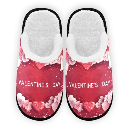 SPRIPORT Red Heart Flowers Valentines Day Soft Fabric Spa Slippers for Women Men Washable Reusable Guest House Slippers with Non Slip Soles Hotel Slippers for Travel Indoor Bedroom Hotel Party L