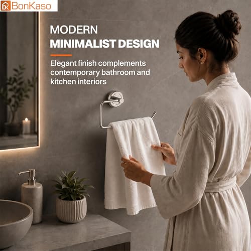 Image of BonKaso Stainless Steel Towel Ring Holder for Bathroom, Half Cut Wall Mount Towel Hanger with Chrome Finish, 14 cm Space Saving Towel Stand for Wash Basin and Kitchen with Screw Plugs, Pack of 1