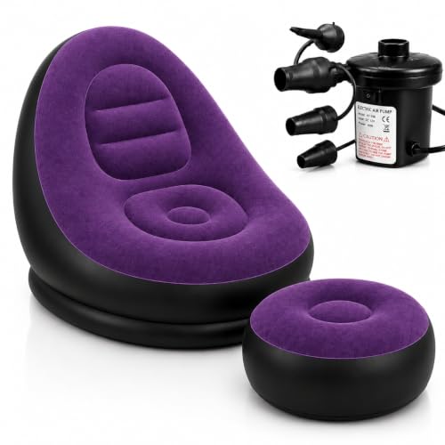 Image of Inflatable Air Sofa Chair with Ottoman & Automatic Electric Pump, Portable Flocked Blow Up Lounge Chair for Living Room, Bedroom, Camping & Outdoor Use (Purple)