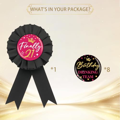 Image of 9PCS Finally 21 Button Pins, It's My 21st Birthday Squad Button for Women, Black Cheers to Twenty One Years Old Birthday Pinback, Happy 21st Birthday Badges Party Supplies