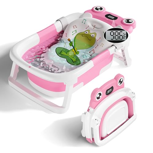 Image of BUNWAG Baby Bathtub,Collapsible Newborn Bathtub for Infant to Toddler with Soft Cushion and Thermometer,Portable Travel Newborn Tub with No-Slip Feet,Baby Shower Gifts,0-12 Months Babybath,Bright Pink