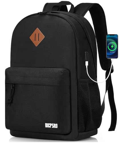 Lightweight Black Backpack for Men Women, School Backpack for Boys Girls Teens,Backpacks for school, Daily Use back pack with USB Charger, College High School Bookbag for Student Notebook Book Bag
