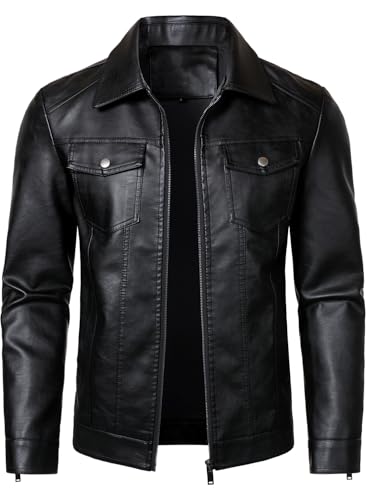 HOOD CREW Mens Leather Jacket Motorcycle Biker Jackets Casual Lightweight Faux Leather Outwear Black...