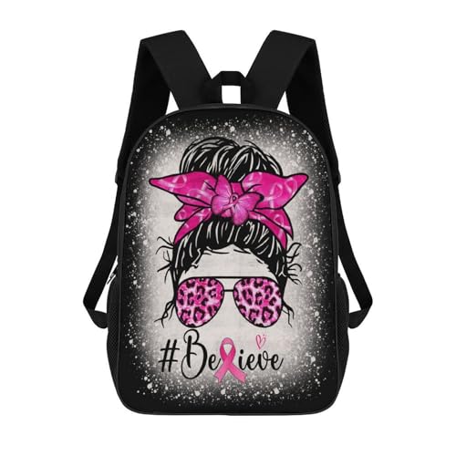 OBLUE Believe Breast Cancer Awareness Backpack 17 Inch Shoulders Daypack Simple Leisure Travel Bag