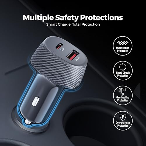 Image of Ubon CH57 Dual Output Fast Car Charger with 45W Type-C PD & USB 3.0, Charging Adapter Compatible with Cars for iPhone & Android Smartphone, Smartwatch (Black)