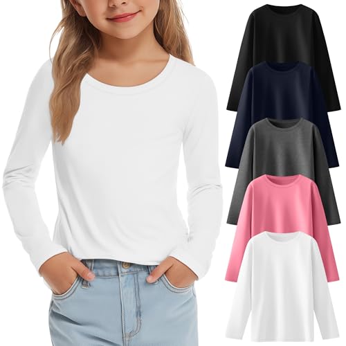 5 Pack Girls' Long Sleeve Shirts Kids Crewneck Basic Tees Solid Color Fall Winter Tops Bulk 5-14 Years