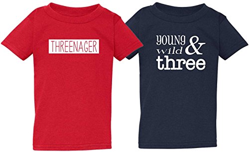 ' Threenager ' and ' Young, Wild, & Three ' Little Toddler Baby Boys Cute 3rd Birthday Tee Shirt 2-Pack Set (4T)