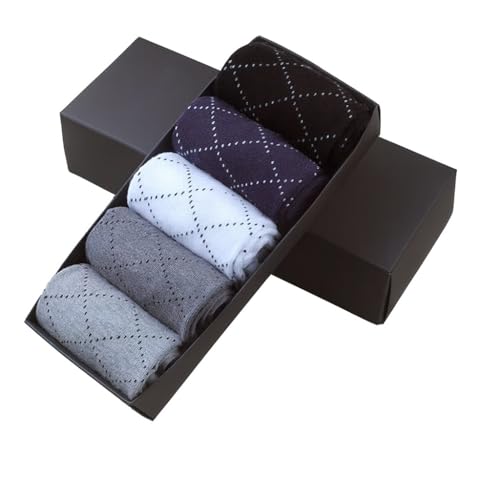 Image of CAA Pime Men's Argyle Dress Socks Gift Set- 5 Pairs - Premium Cotton, Breathable, Soft & Comfortable - Classic Bussines & Casual Socks in Gift Box size 4-9 (Black & Grey Argyle)