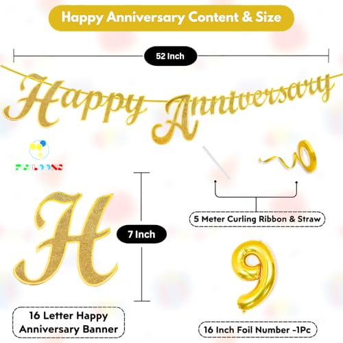 Image of Flyloons 9th Happy Anniversary Banner Gold Decorations Kit for Men Women Wedding Anniversary Banner Items without Balloons